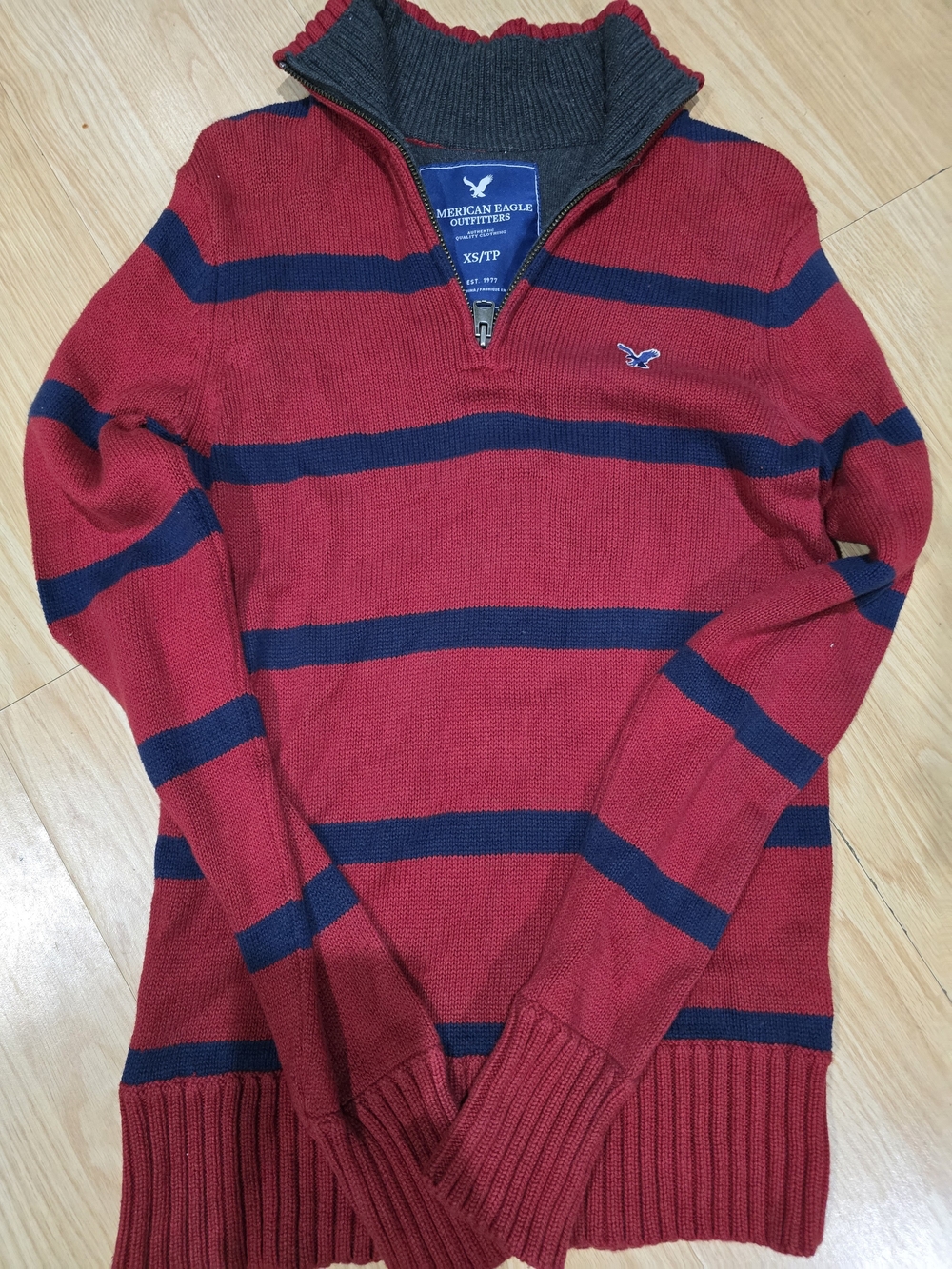 American Eagle Outfitters Red & Navy Striped Half-Zip Sweater